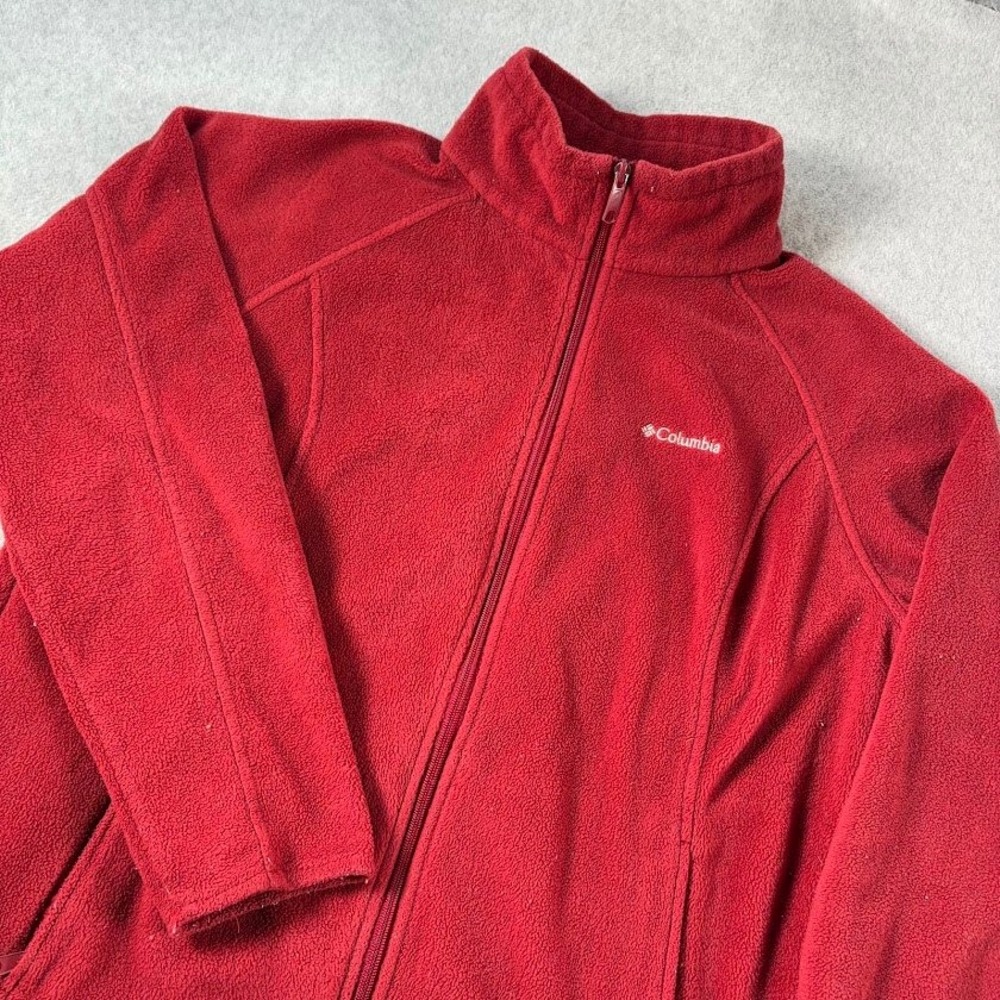 Columbia Fleece Jacket Womens XL Red Solid Full Zip Mock Neck Outdoor Pocketed